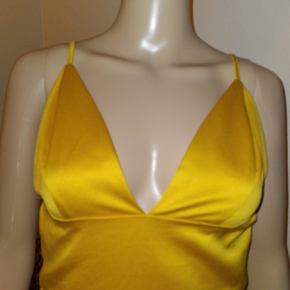 Golden yellow satin dress. Adjustable straps with a ruffle asymmetrical flare - Picture 5 of 9